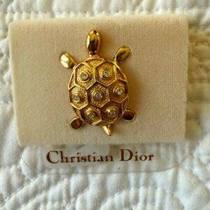 Christian Dior Turtle Lapel Pin Brooch with Rhinestone Crystals Signed